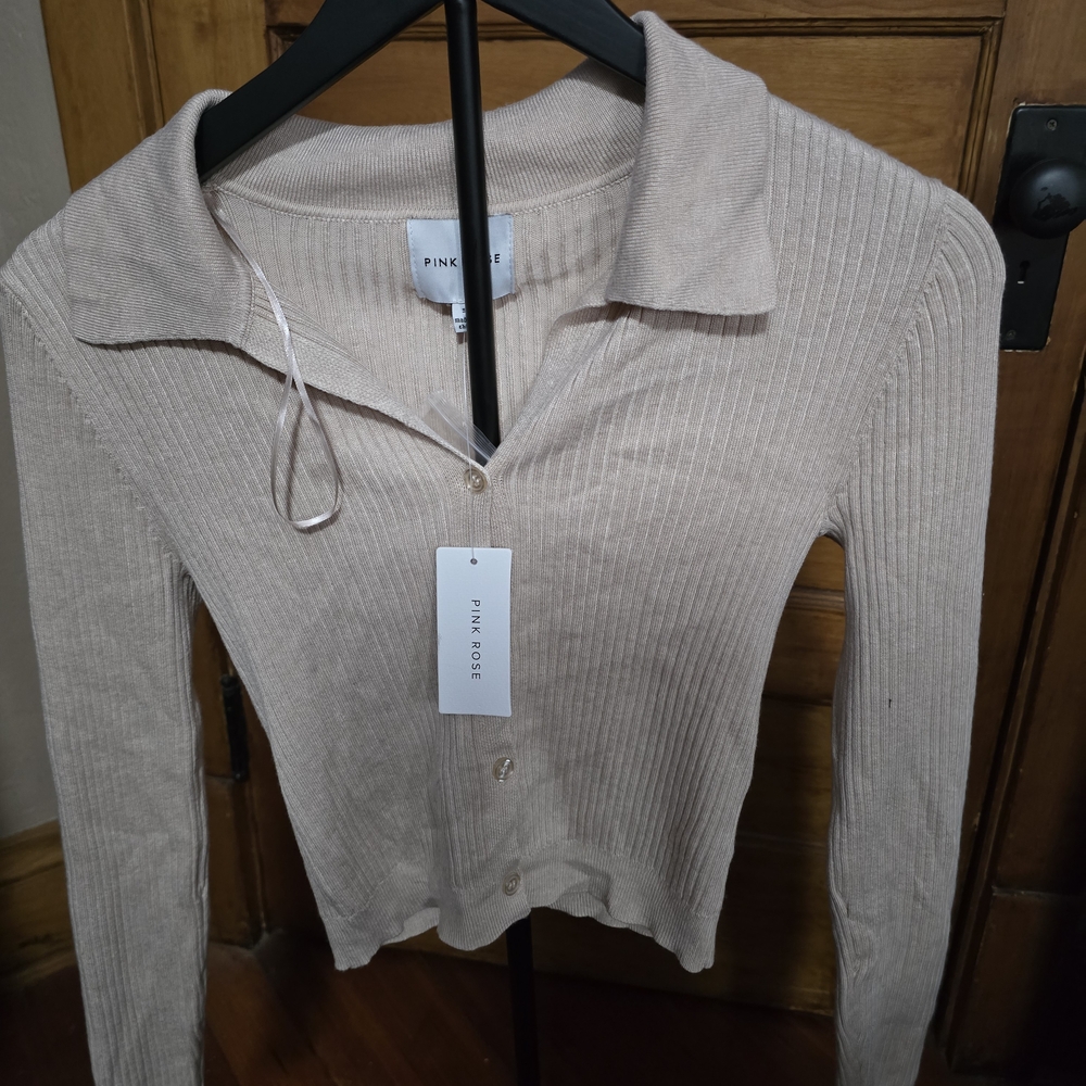 Pink Rose Women's Beige Ribbed Blouse